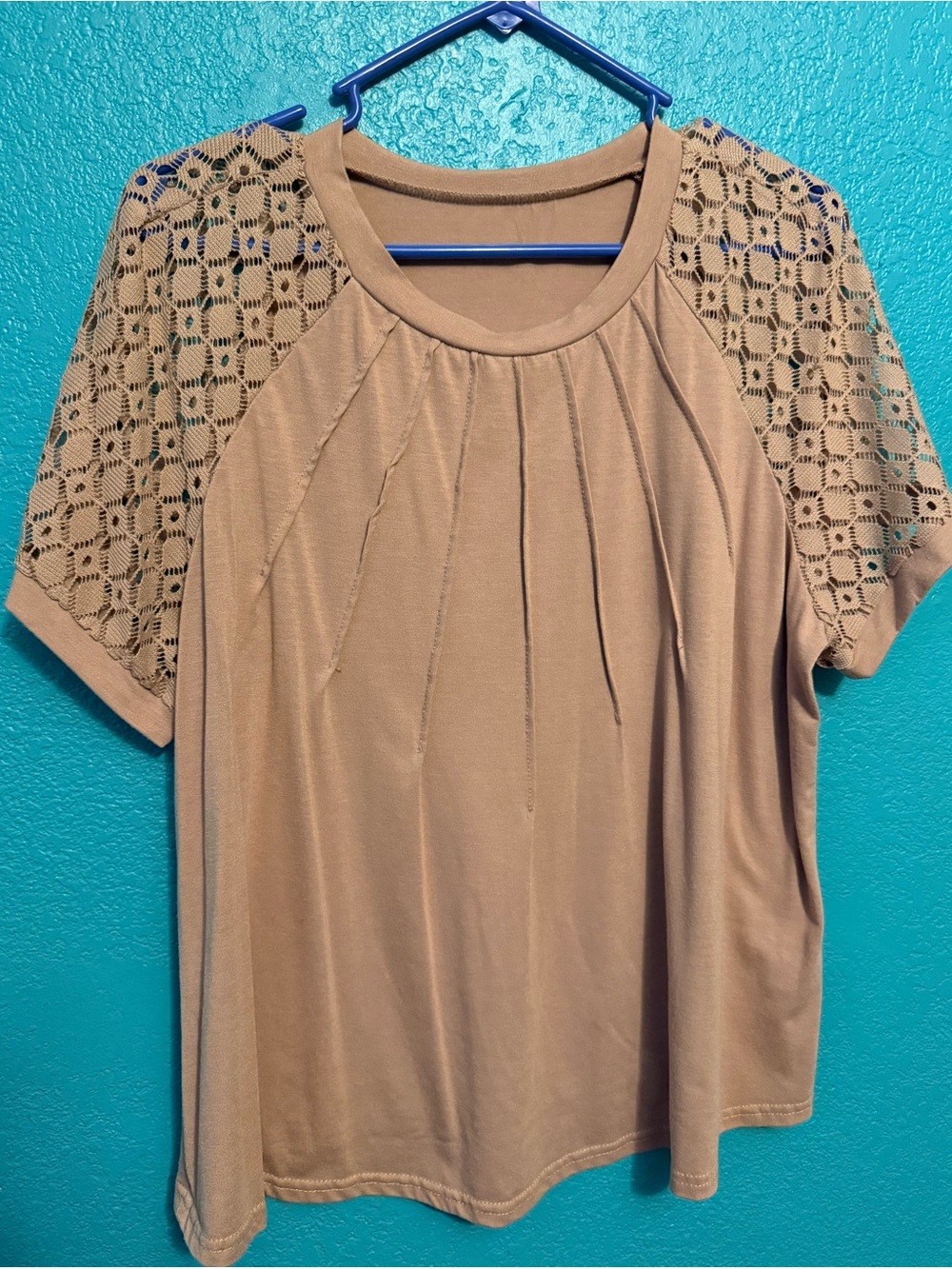 SHEIN Tan Pleated Front Top with Crochet Short Sleeves